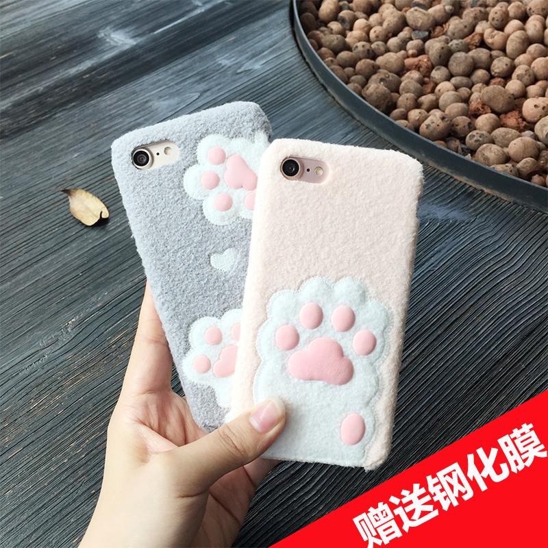 秋冬款毛绒猫爪iPhone6/6s/7手机壳 苹果6plus可爱硅胶套粉色女款